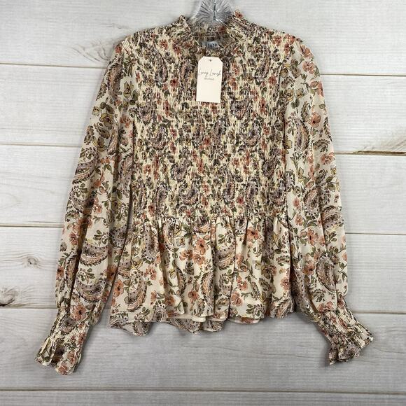Fate Top Womens M Cream Floral Smocked Mock Neck Pullover Flowy Boho Cottage NWT - Picture 1 of 10